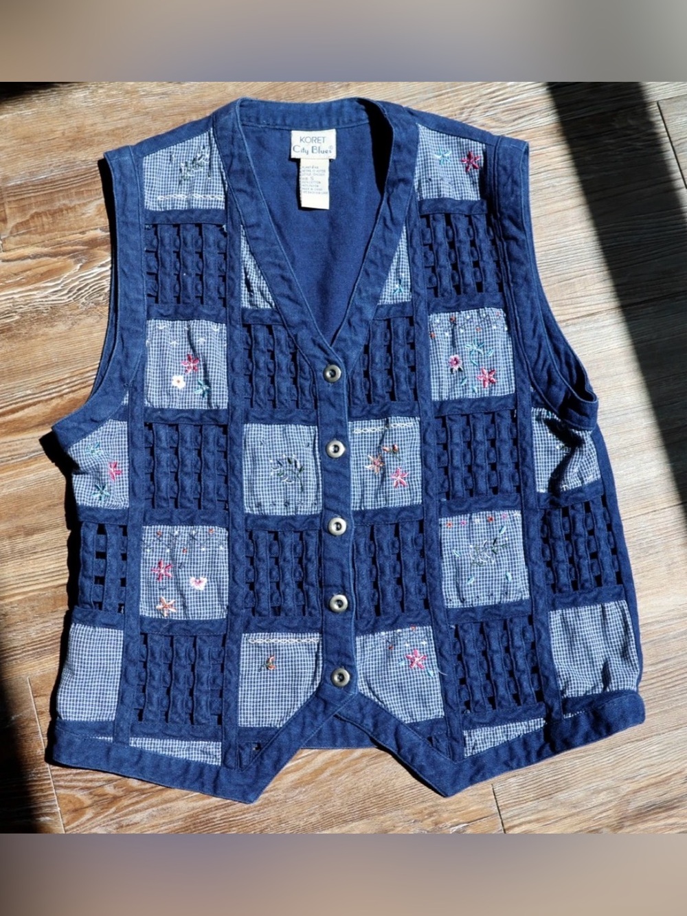 VTG Koret City Blues Embroidered Patchwork Vest Cottagecore Art Teacher Small